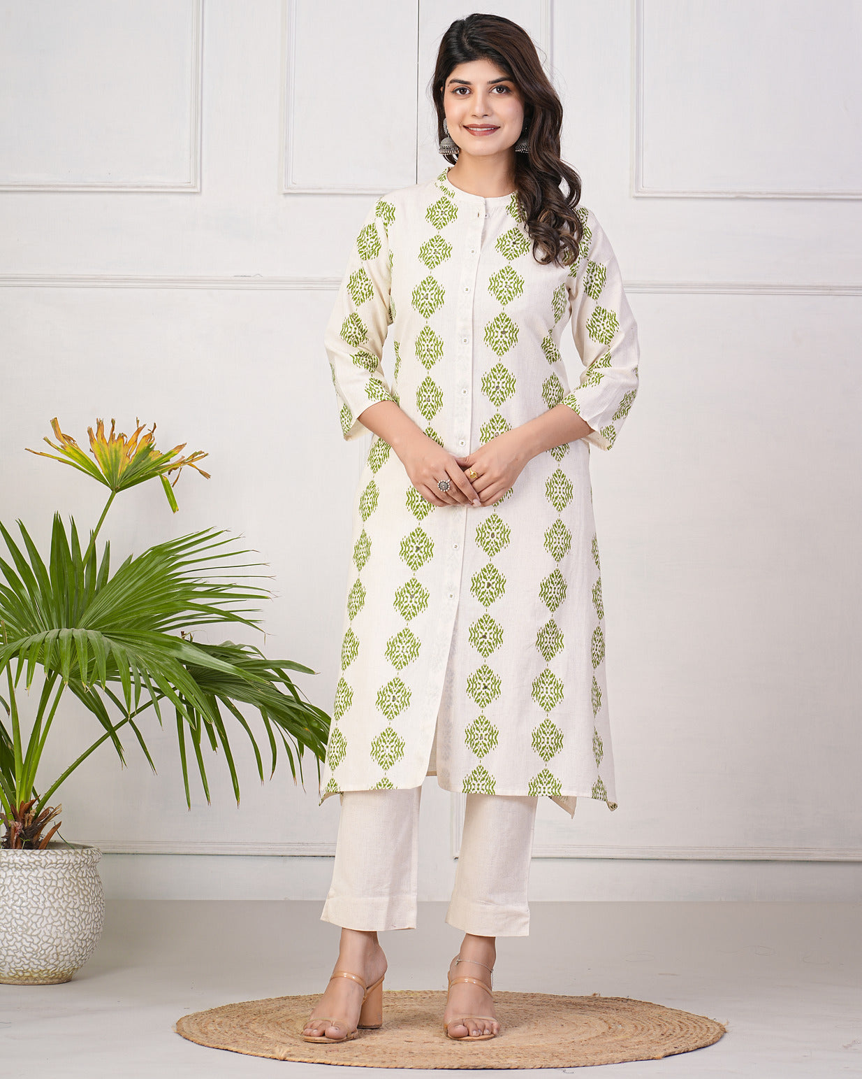 White With Green Block Printed Cotton Kurti