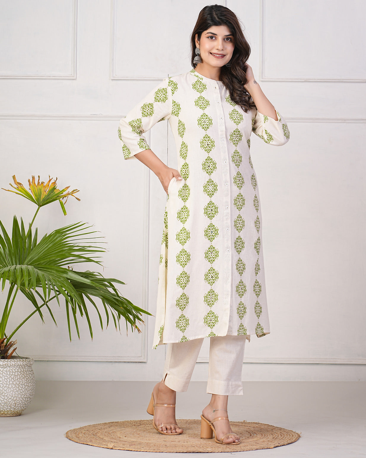 White With Green Block Printed Cotton Kurti