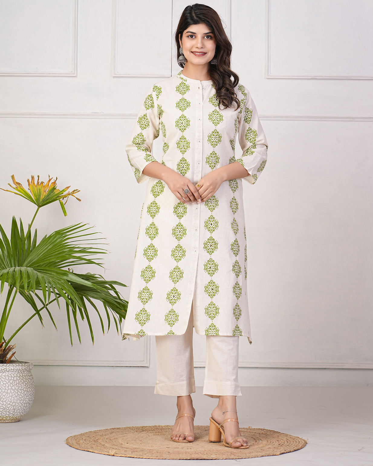 White With Green Block Printed Cotton Kurti