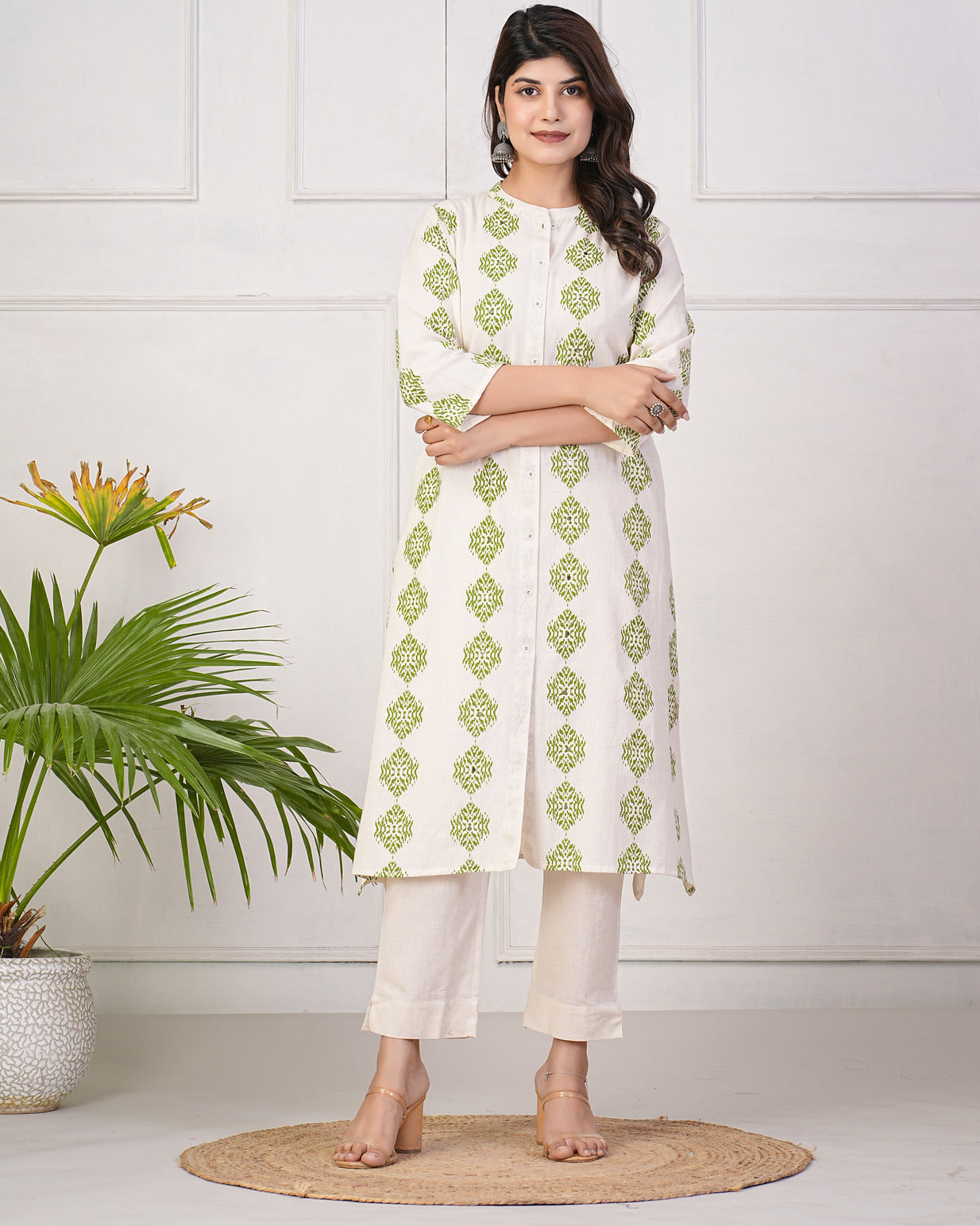 White With Green Block Printed Cotton Kurti