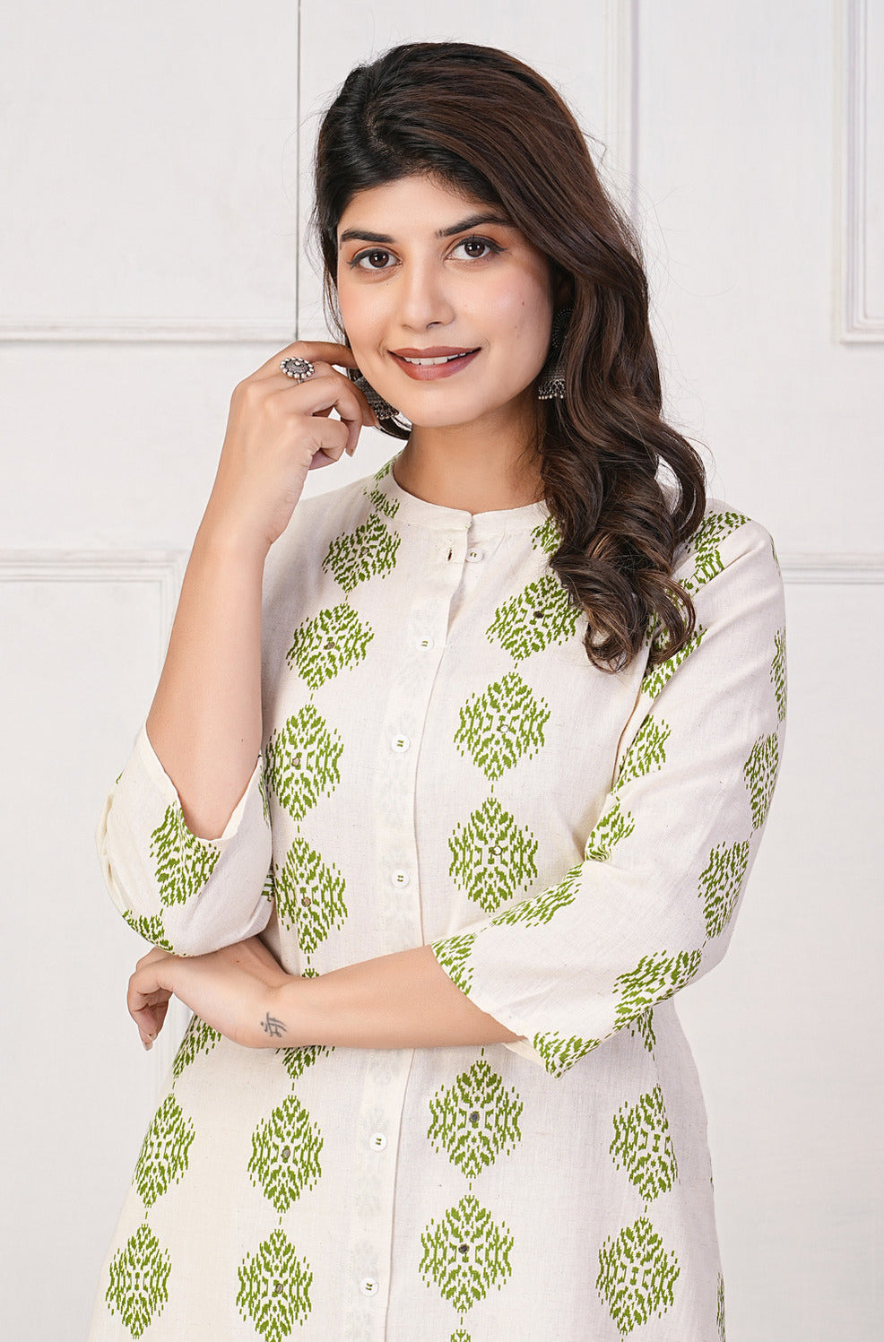 White With Green Block Printed Cotton Kurti