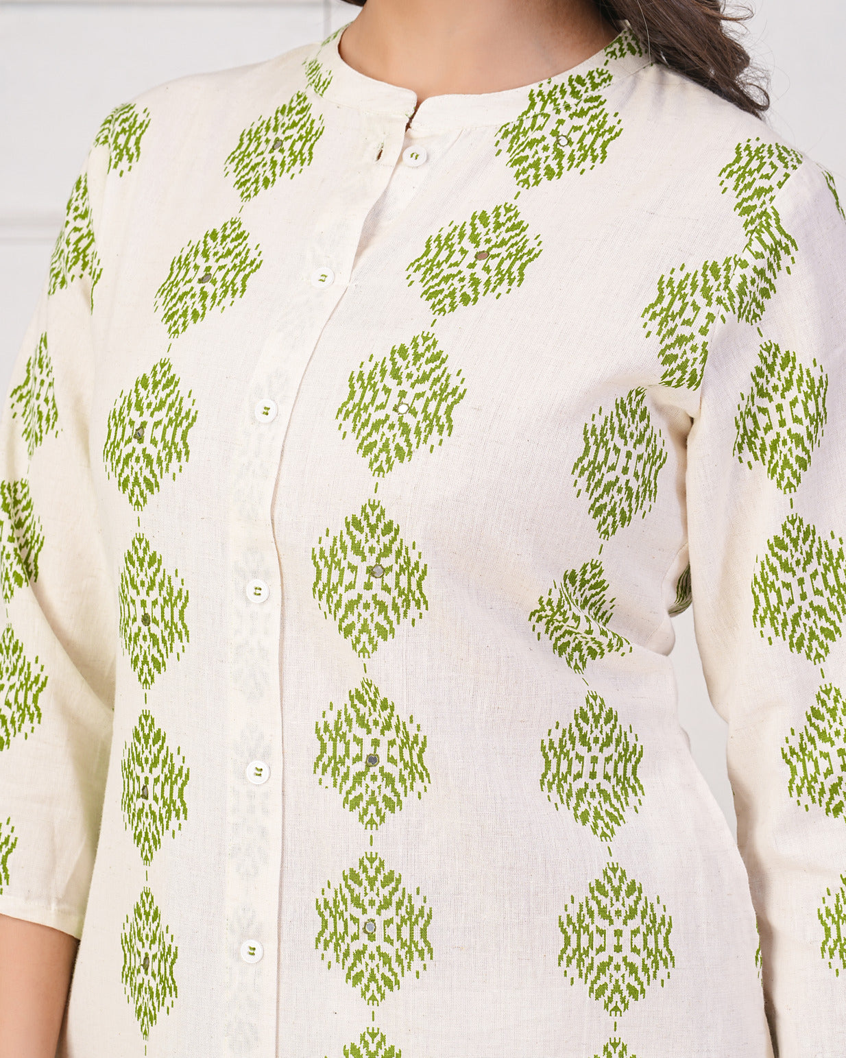White With Green Block Printed Cotton Kurti
