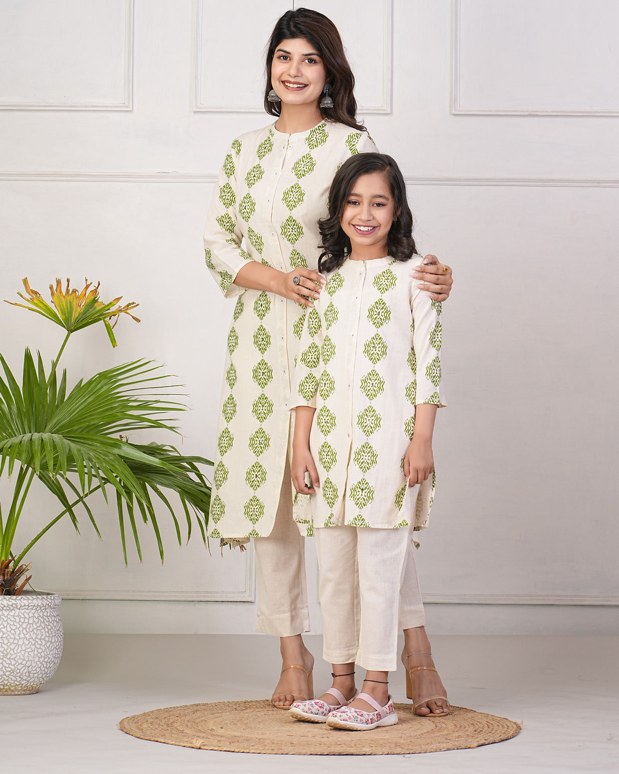 Off-White With Green Block Printed Cotton Kurti