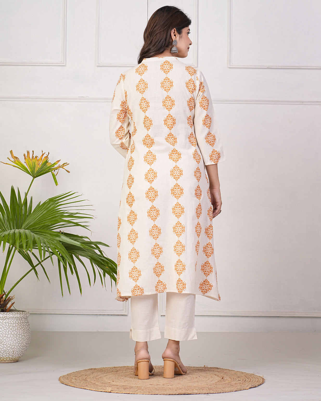 White With Orange Block Printed Cotton Kurti