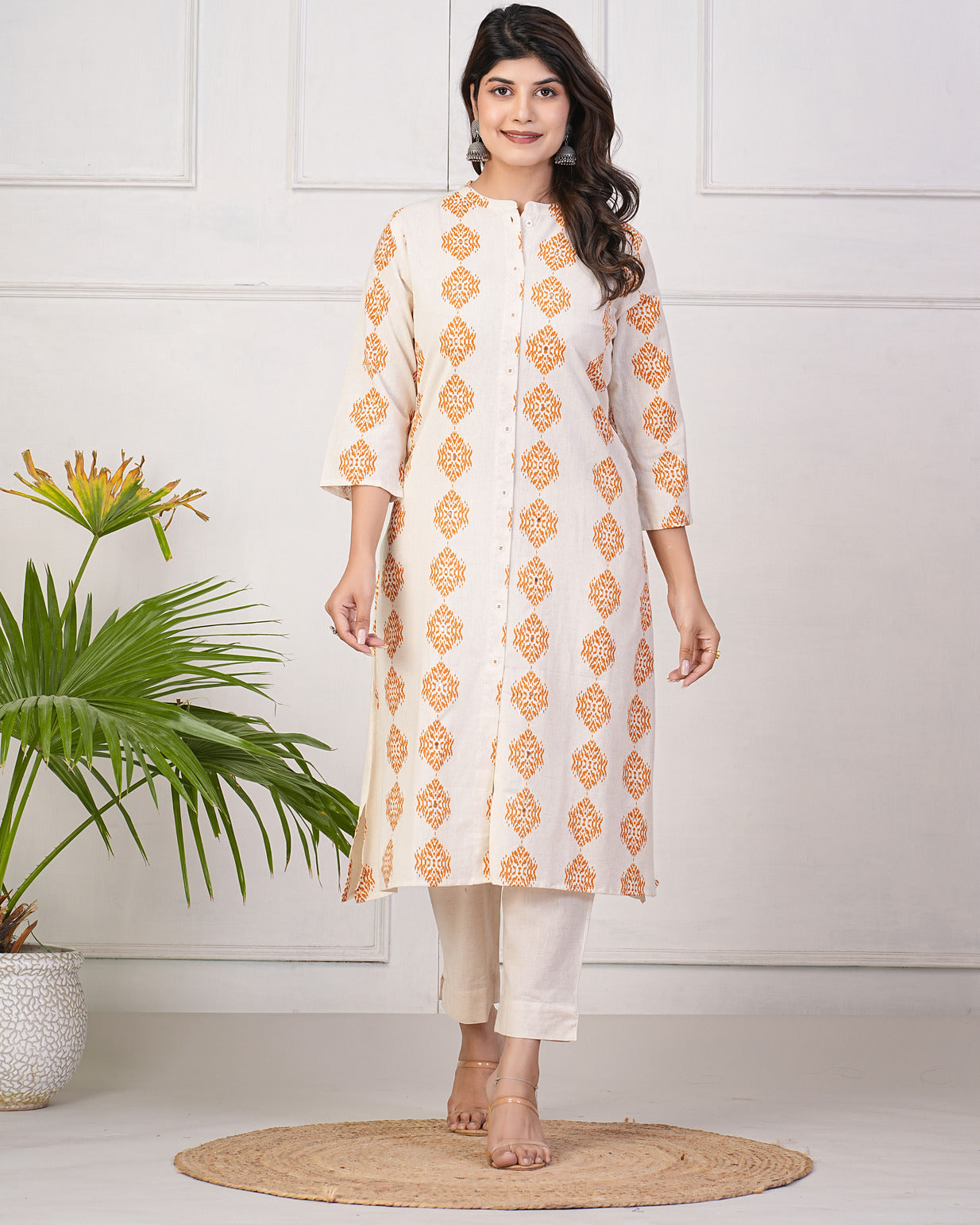 White With Orange Block Printed Cotton Kurti