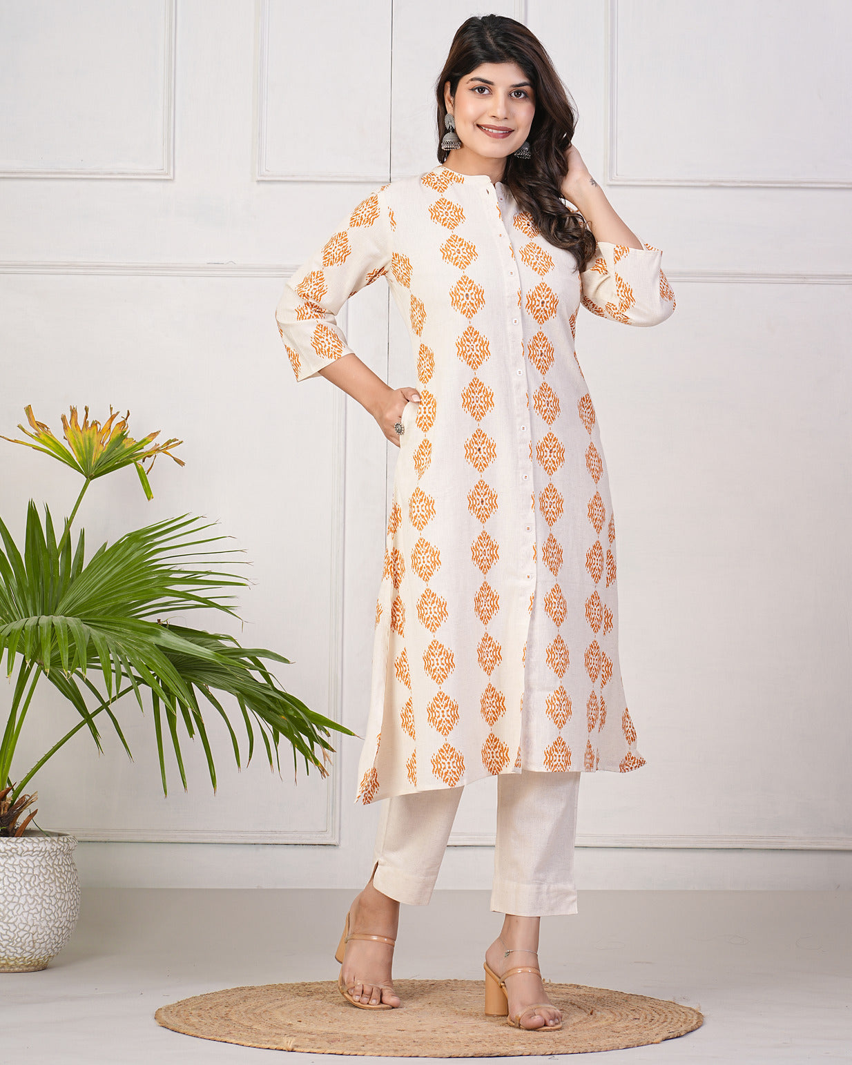 White With Orange Block Printed Cotton Kurti