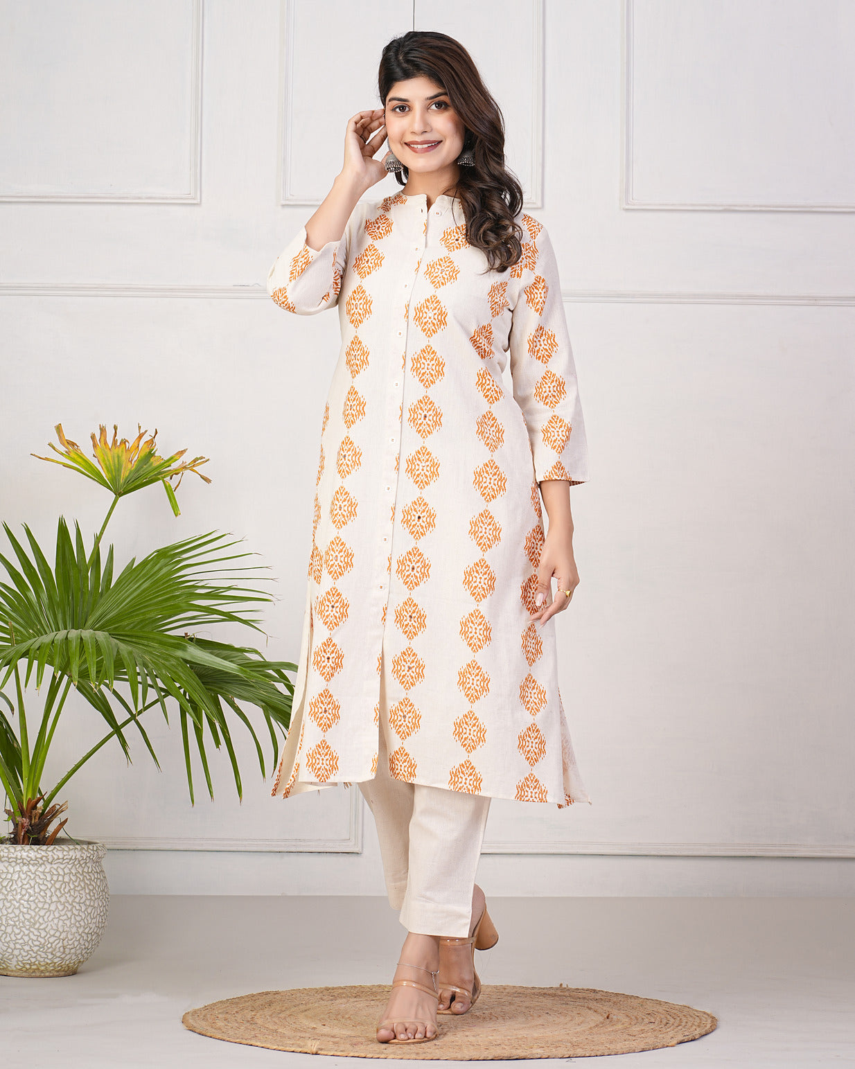 White With Orange Block Printed Cotton Kurti