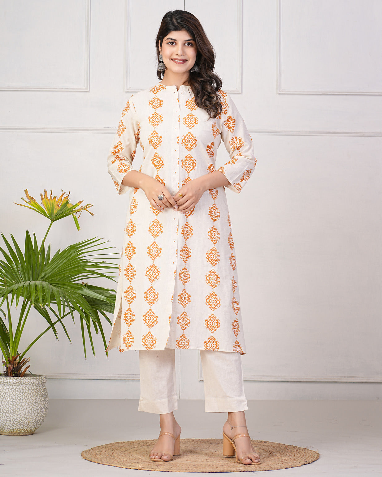 White With Orange Block Printed Cotton Kurti