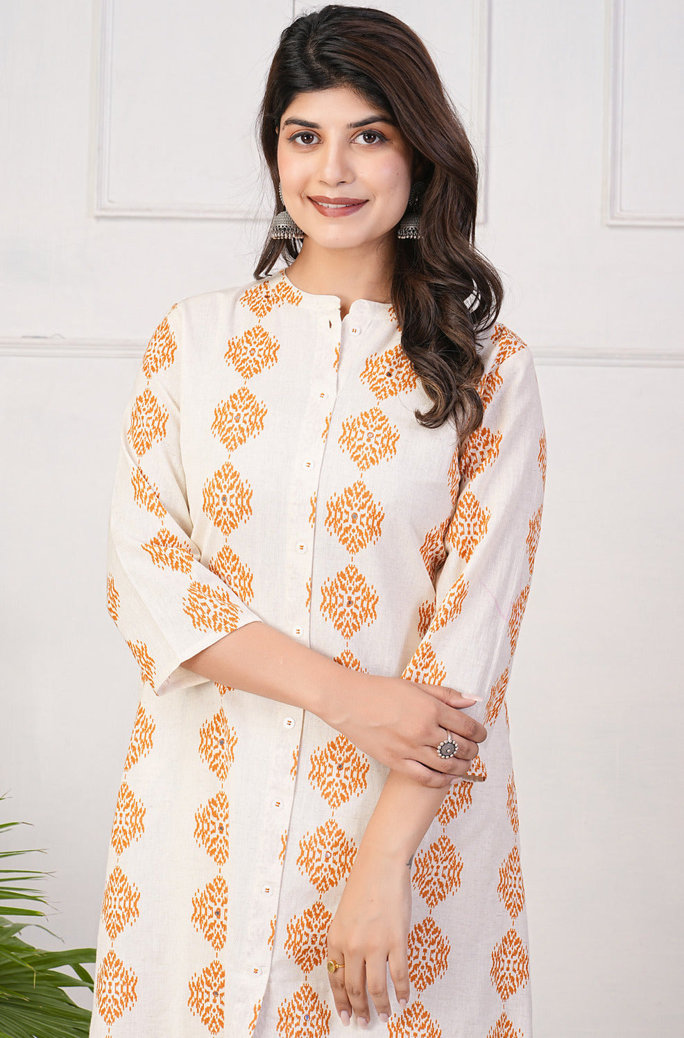 White With Orange Block Printed Cotton Kurti
