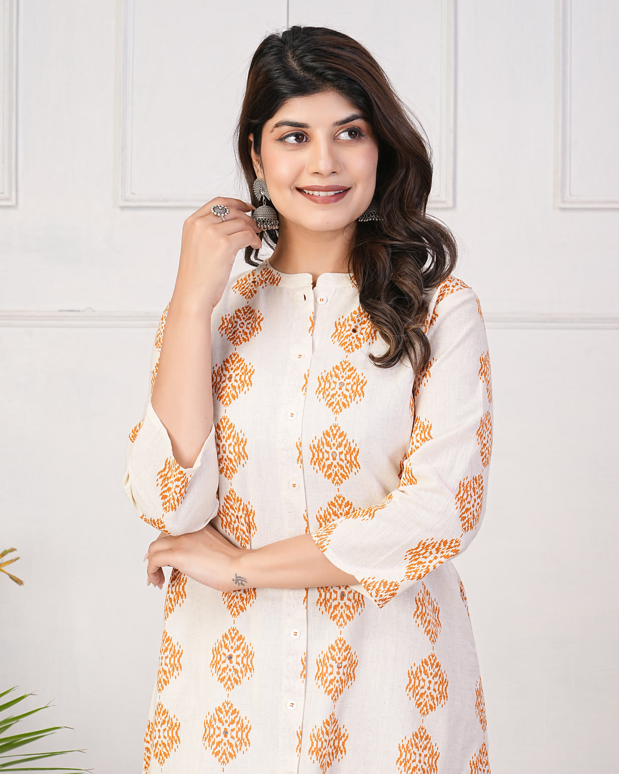 White With Orange Block Printed Cotton Kurti