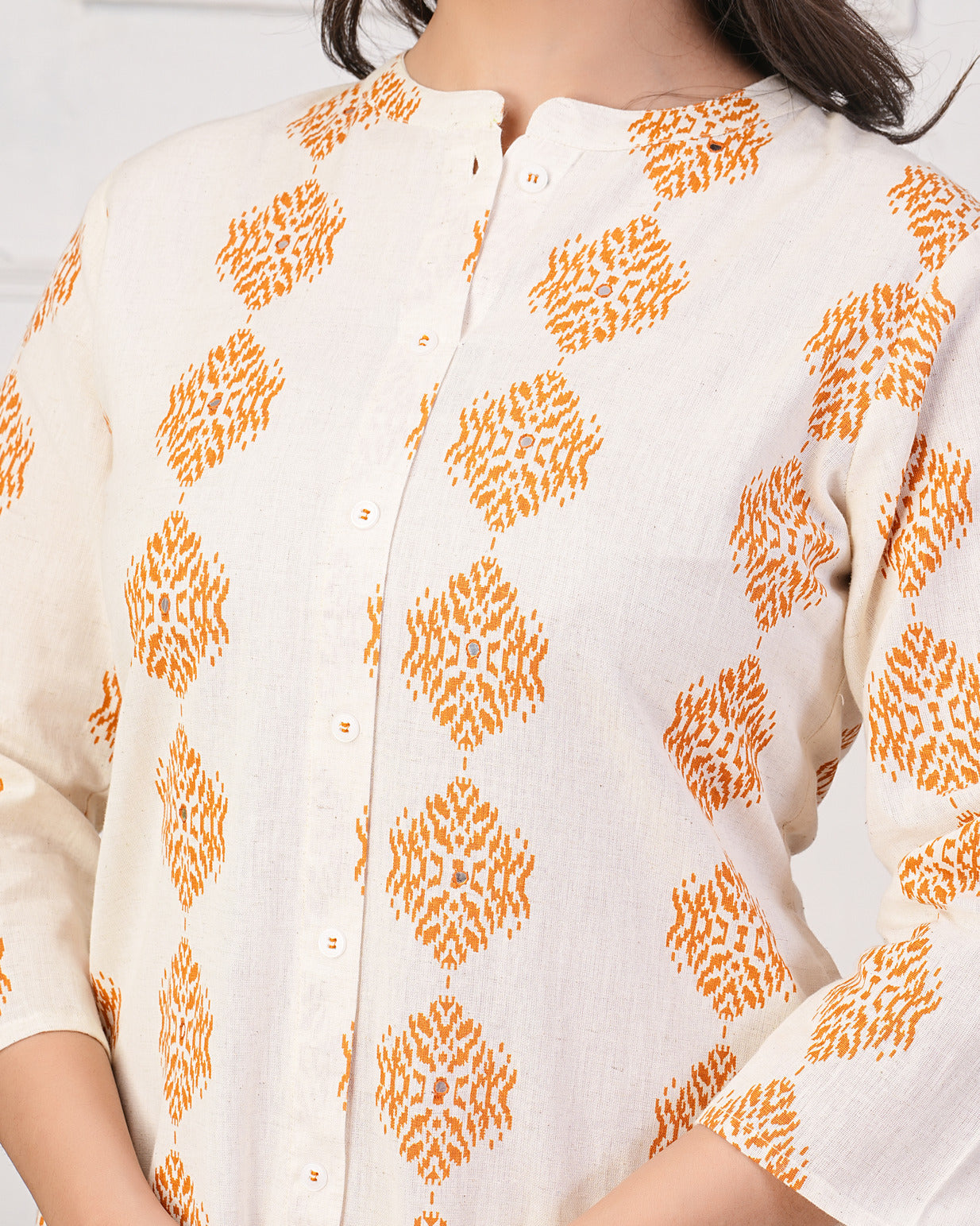 White With Orange Block Printed Cotton Kurti
