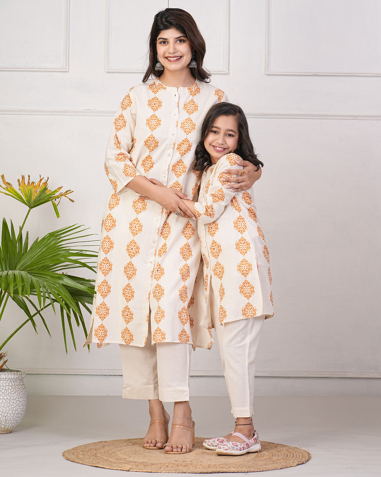 Off-White With Orange Block Printed Cotton Kurti