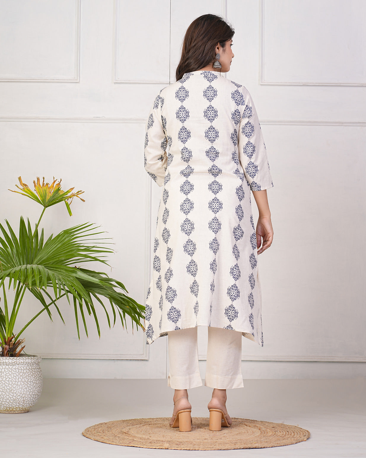 Off-White With Blue Printed Cotton Kurti