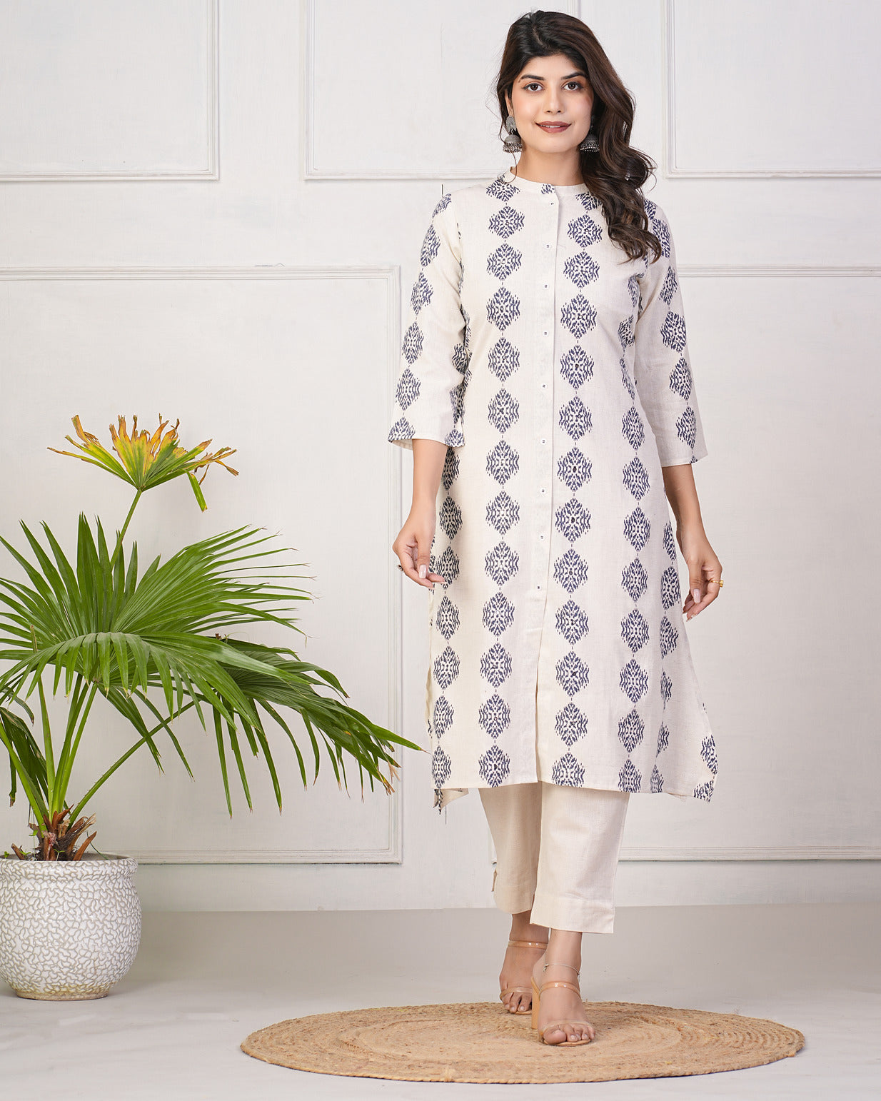 Off-White With Blue Printed Cotton Kurti