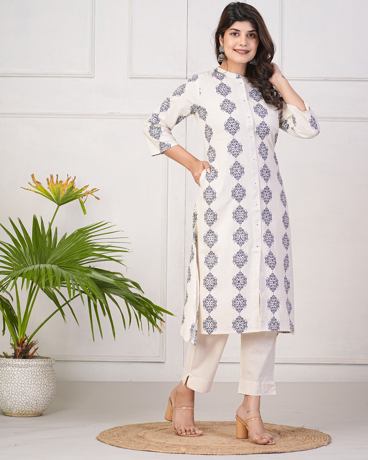 Off-White With Blue Printed Cotton Kurti