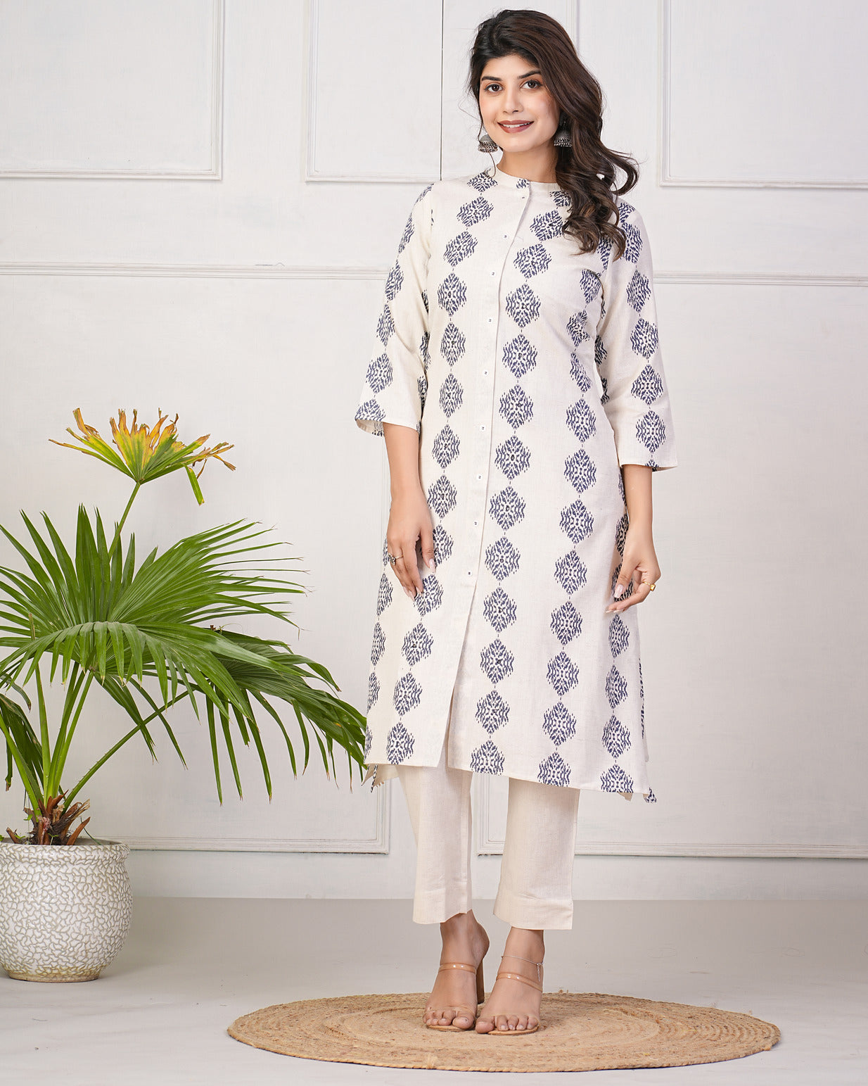 Off-White With Blue Printed Cotton Kurti