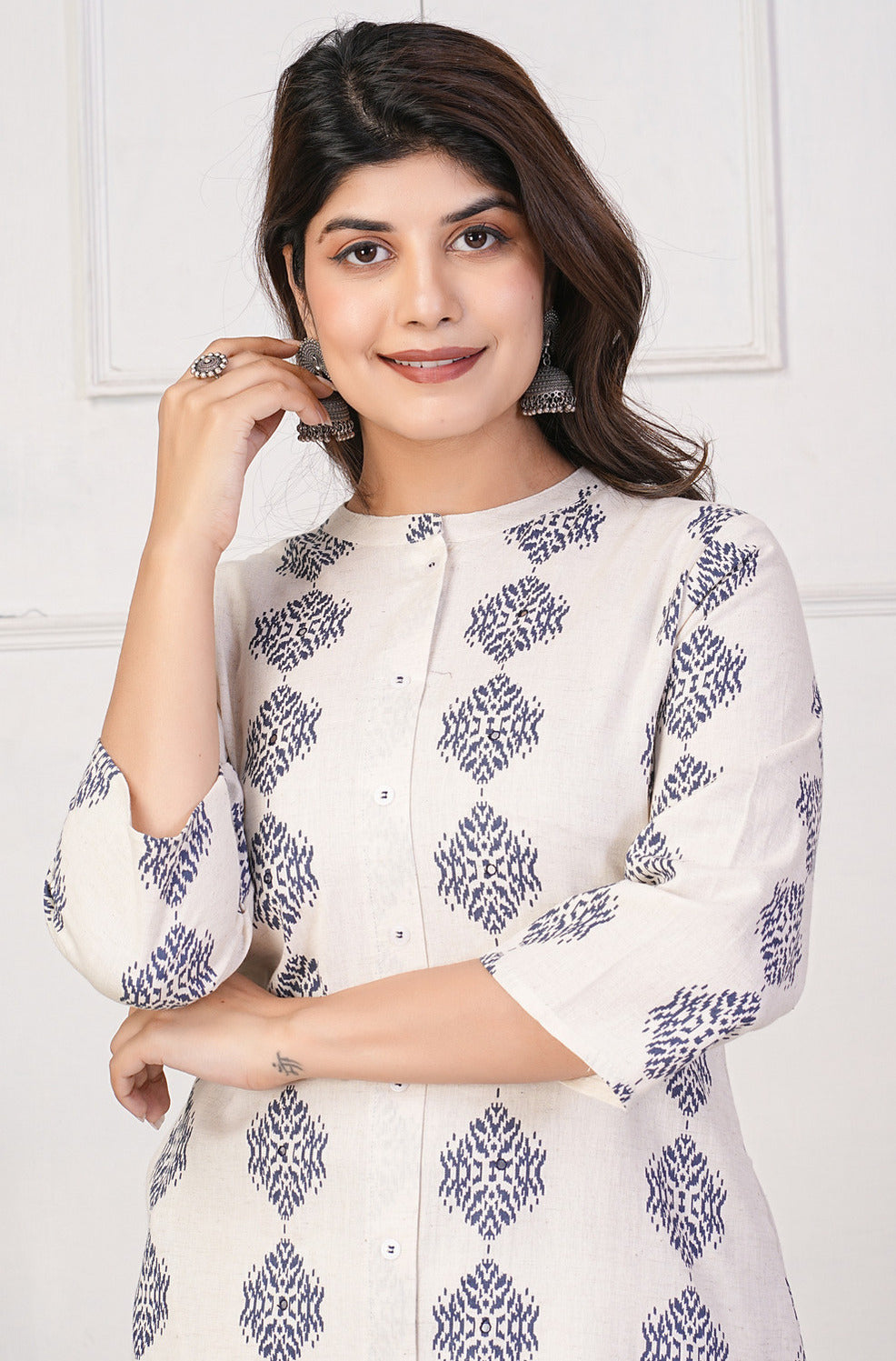 Off-White With Blue Printed Cotton Kurti