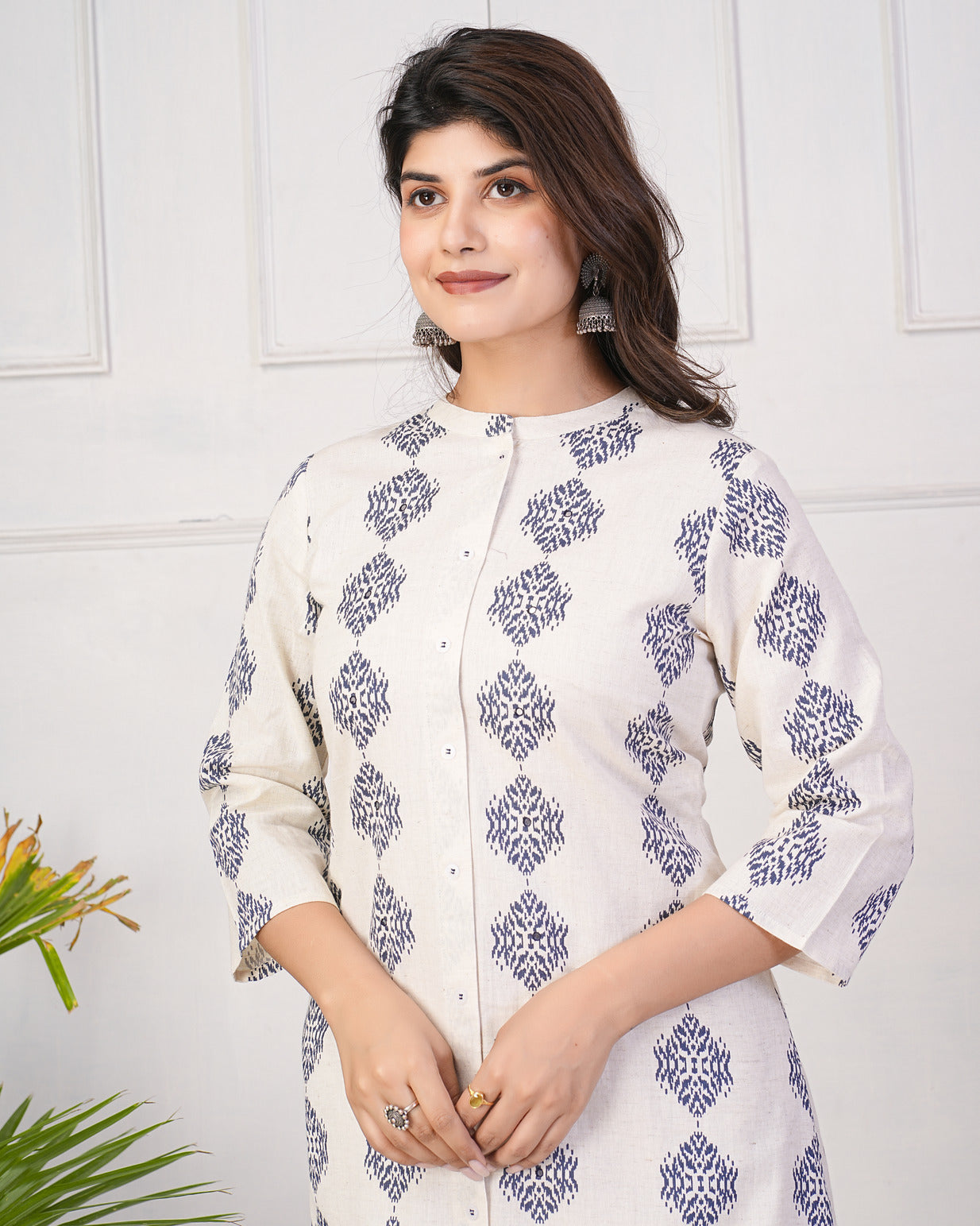 Off-White With Blue Printed Cotton Kurti