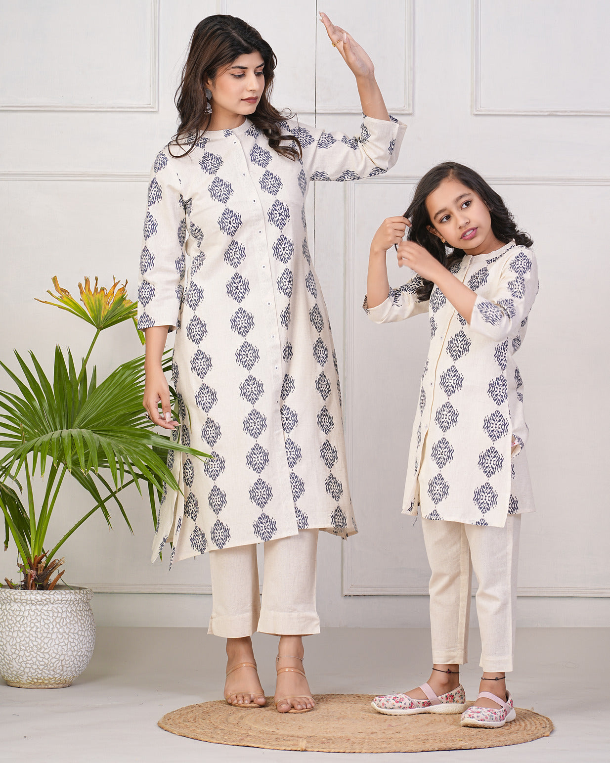 Off-White With Blue Printed Cotton Kurti