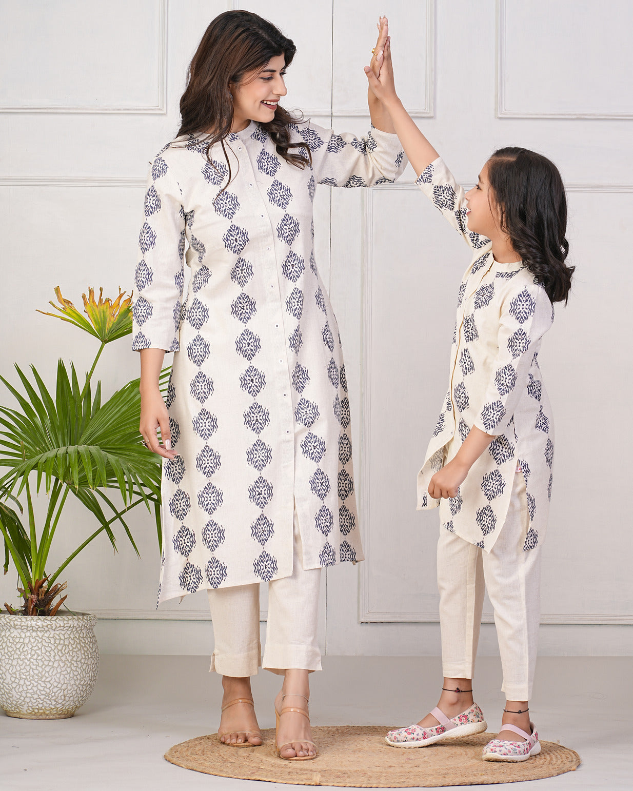 Off-White With Blue Printed Cotton Kurti