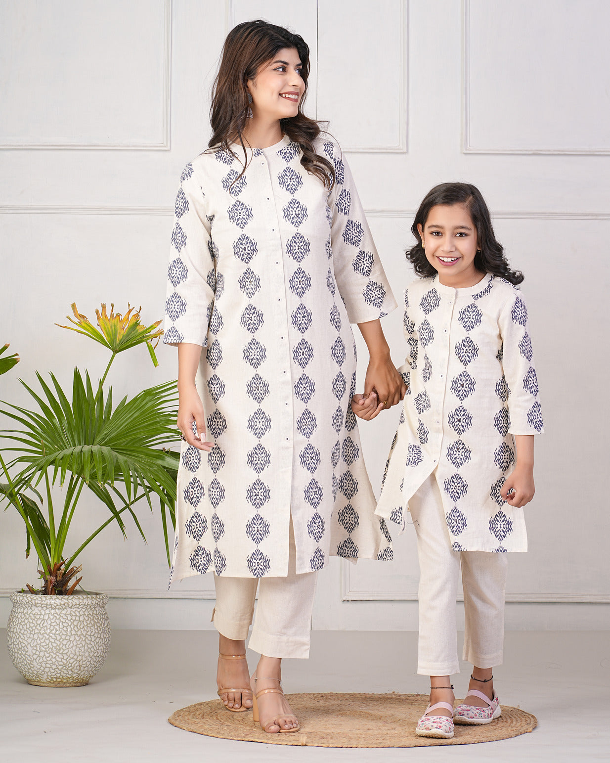 Off-White With Blue Printed Cotton Kurti