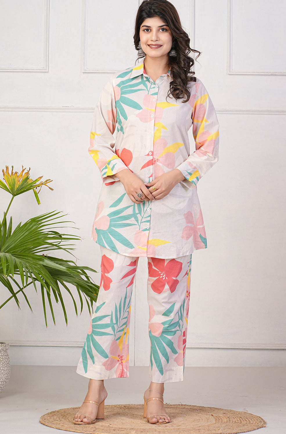Pastel Floral Printed Cotton Co-Ord Set - Main Image