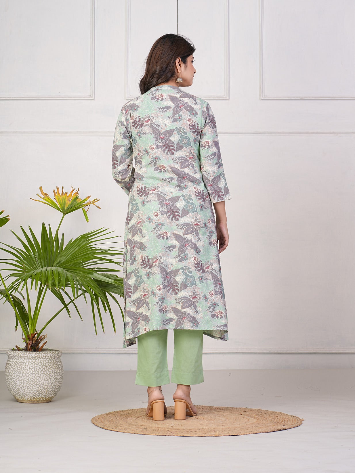 Green With Leafy Printed Rayon Kurti