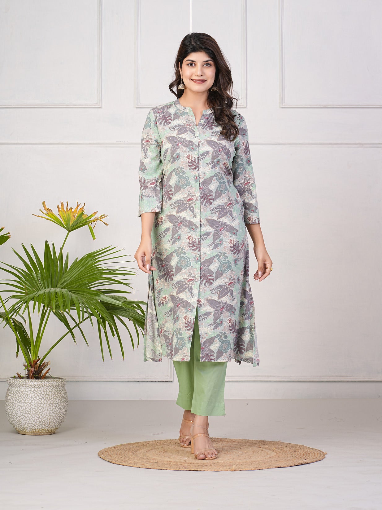Green With Leafy Printed Rayon Kurti