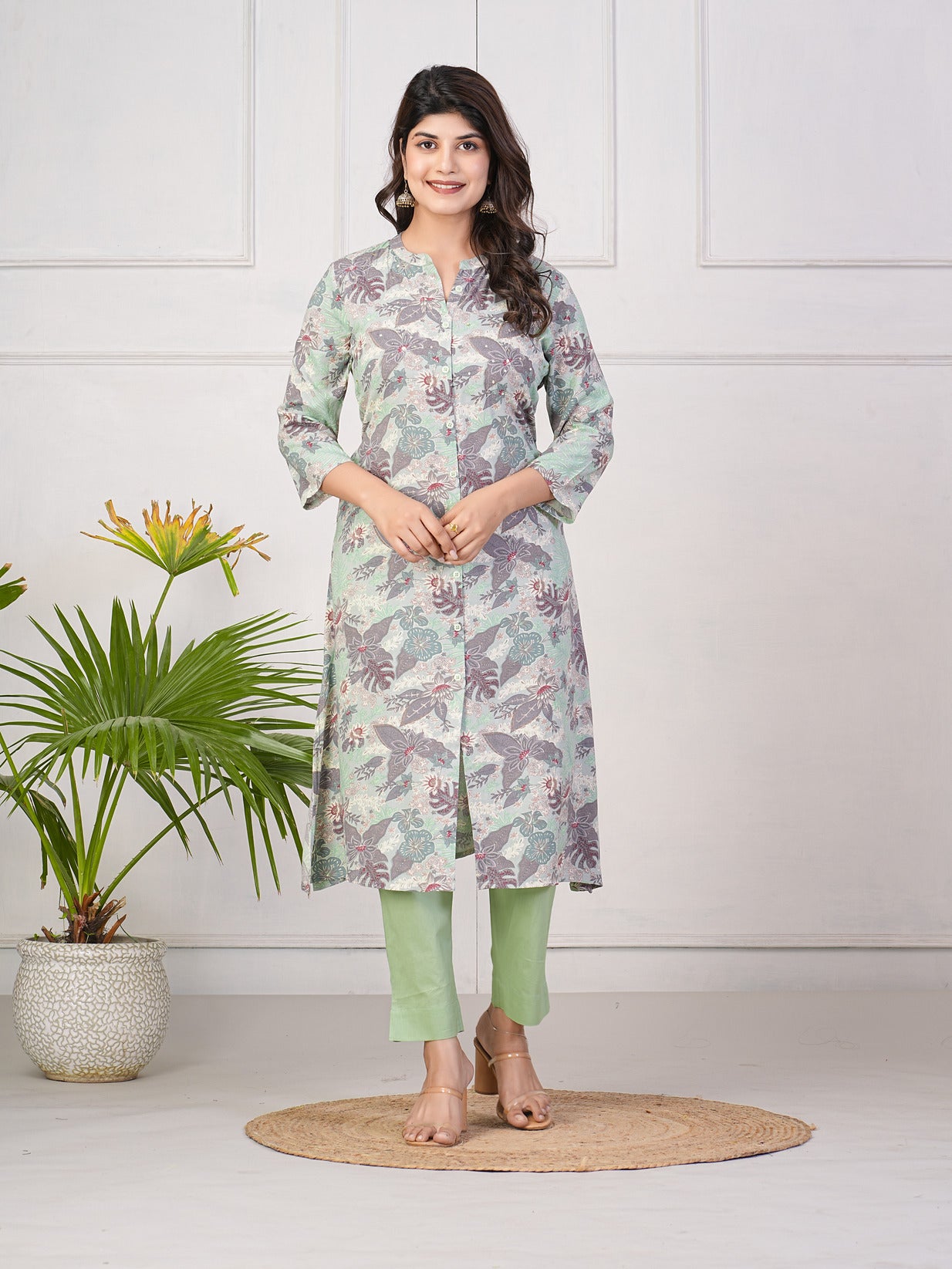 Green With Leafy Printed Rayon Kurti
