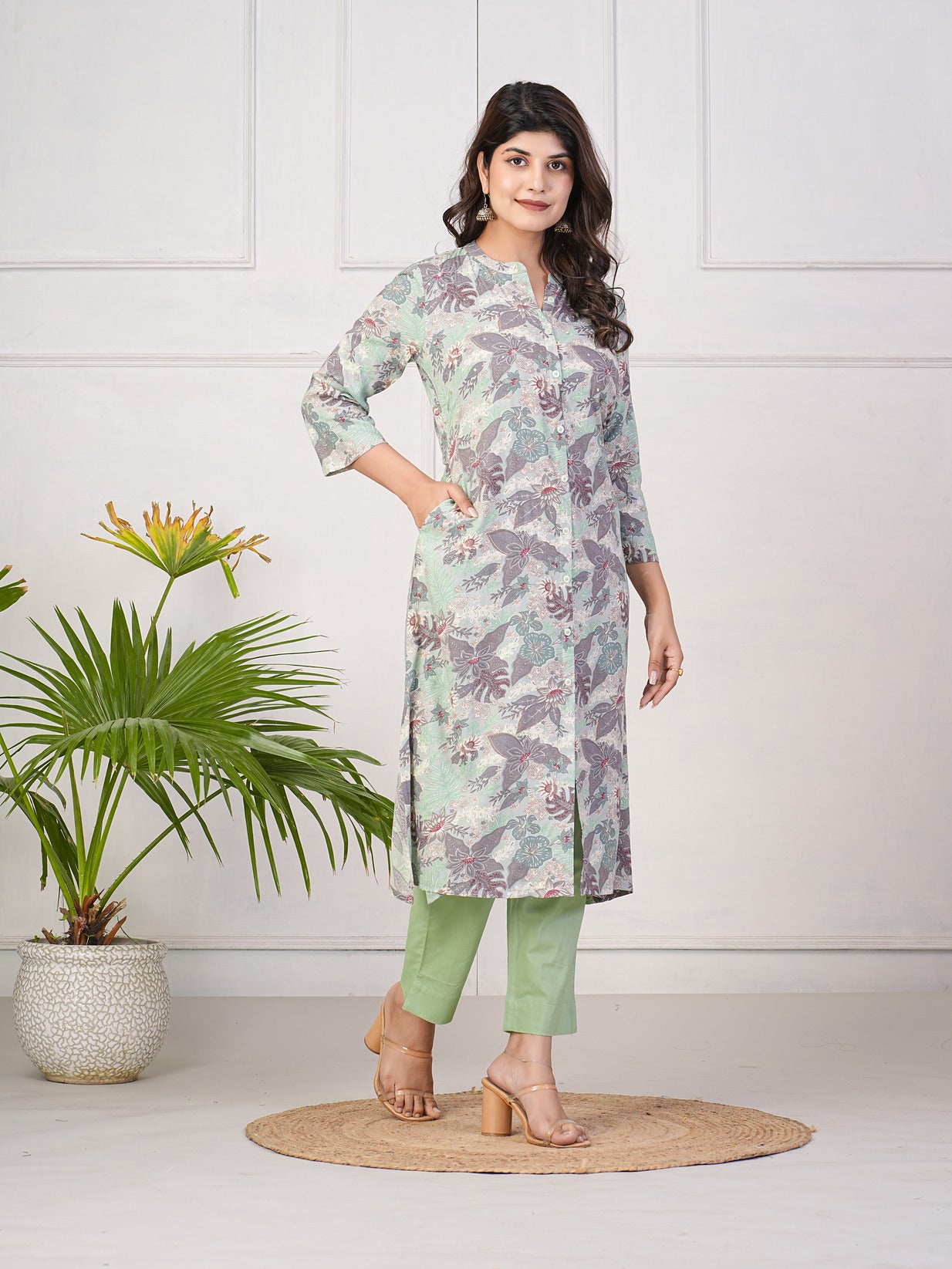 Green With Leafy Printed Rayon Kurti