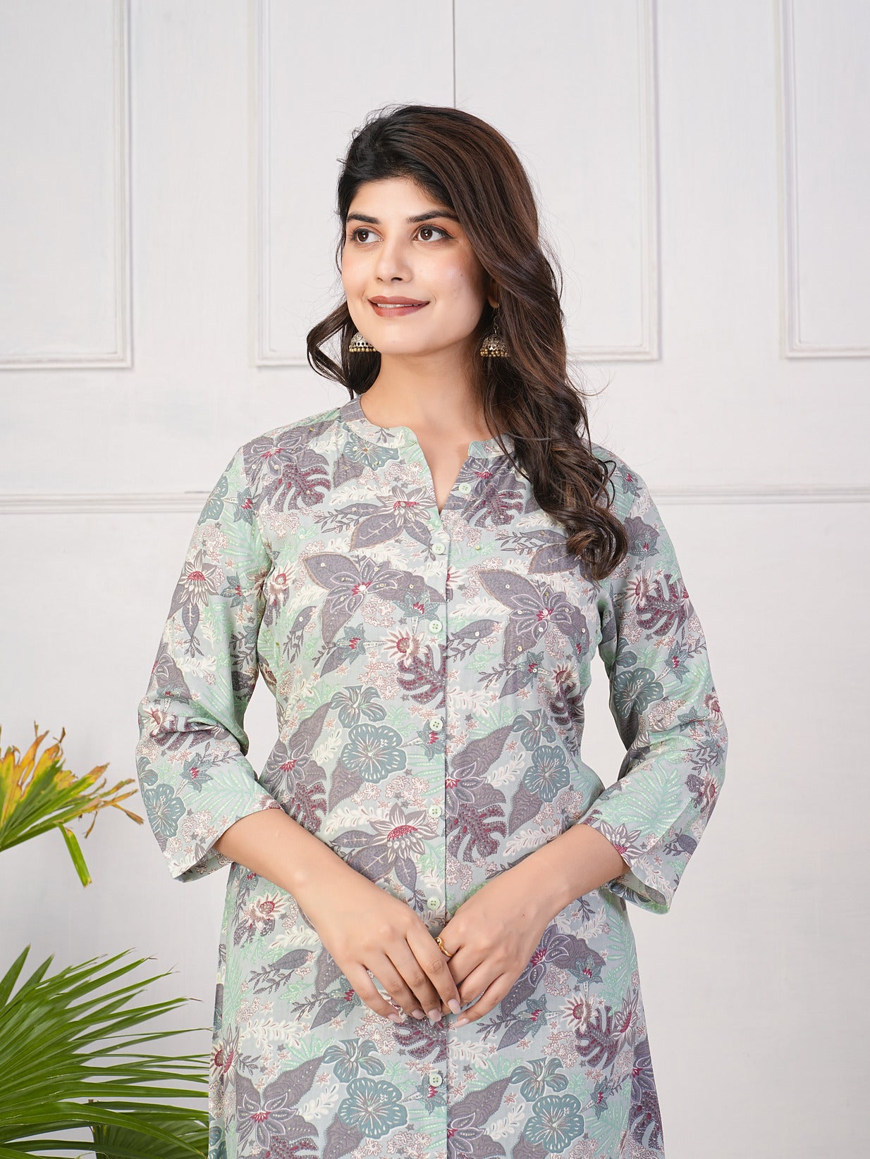 Green With Leafy Printed Rayon Kurti