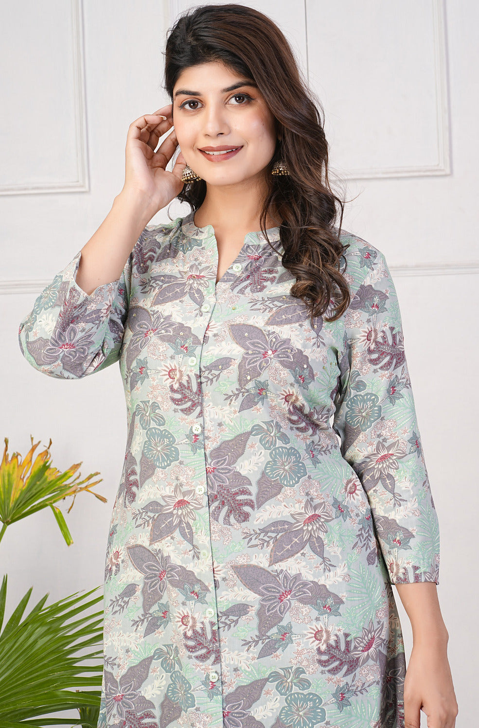 Green With Leafy Printed Rayon Kurti