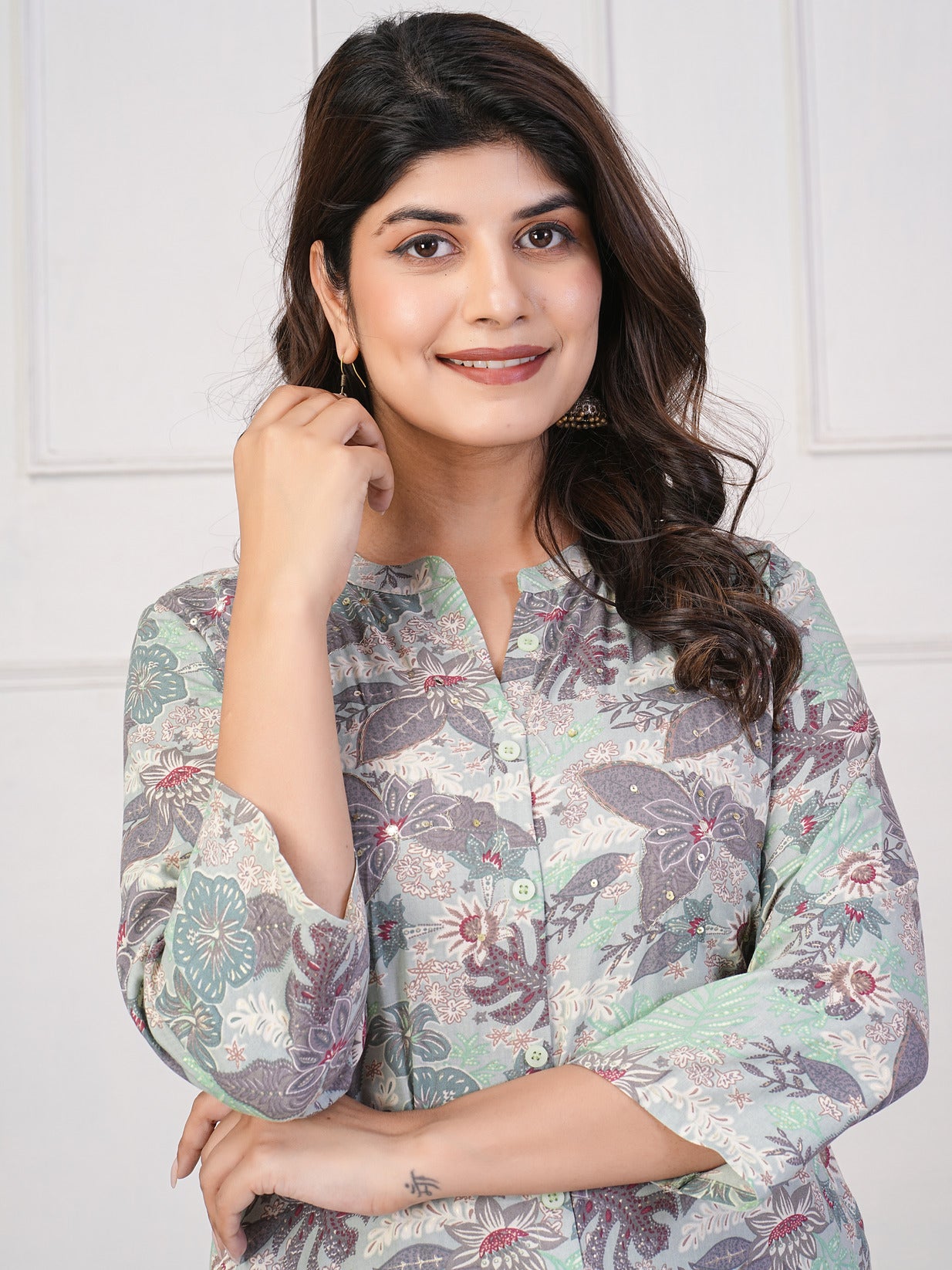Green With Leafy Printed Rayon Kurti
