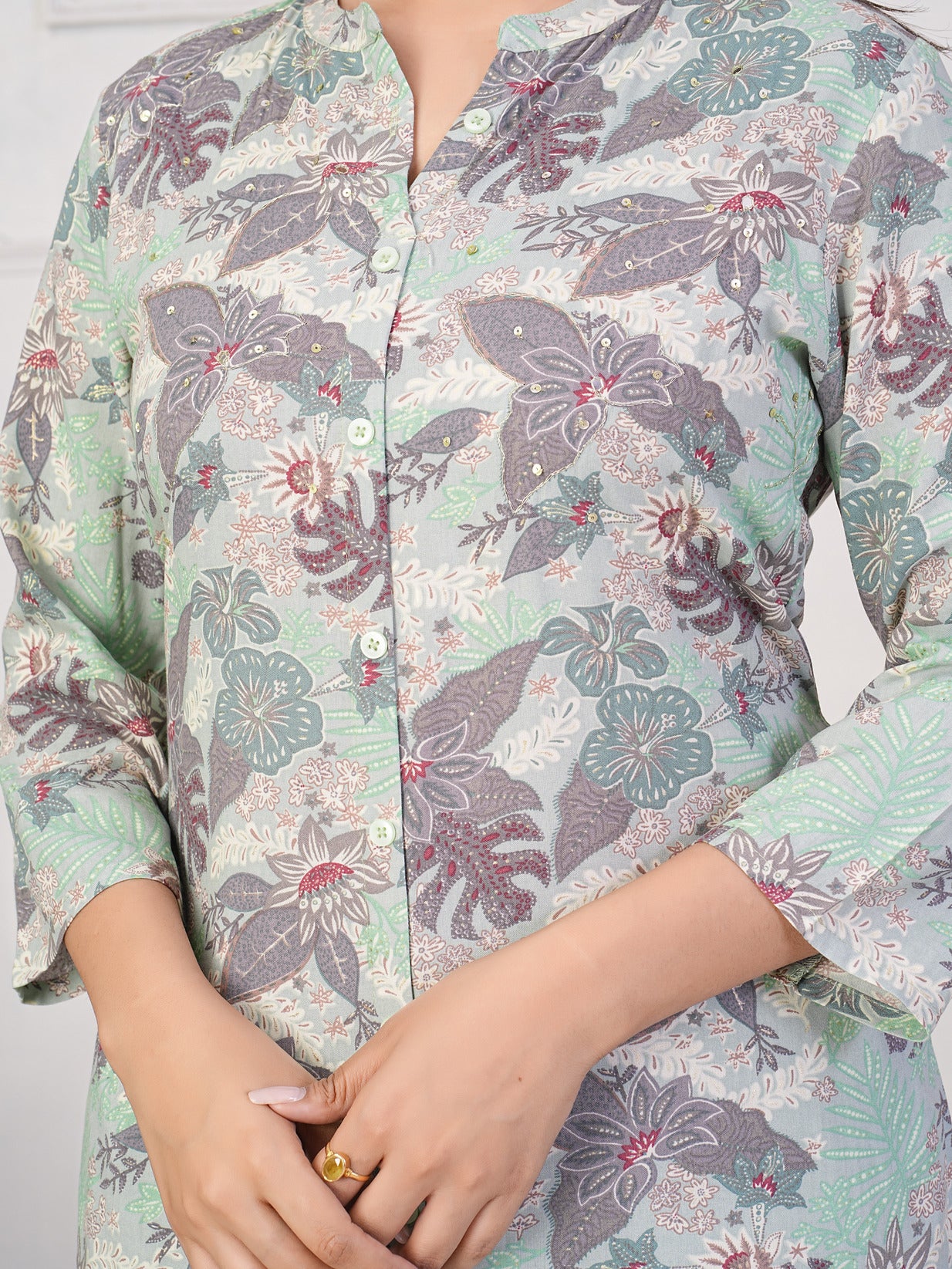 Green With Leafy Printed Rayon Kurti