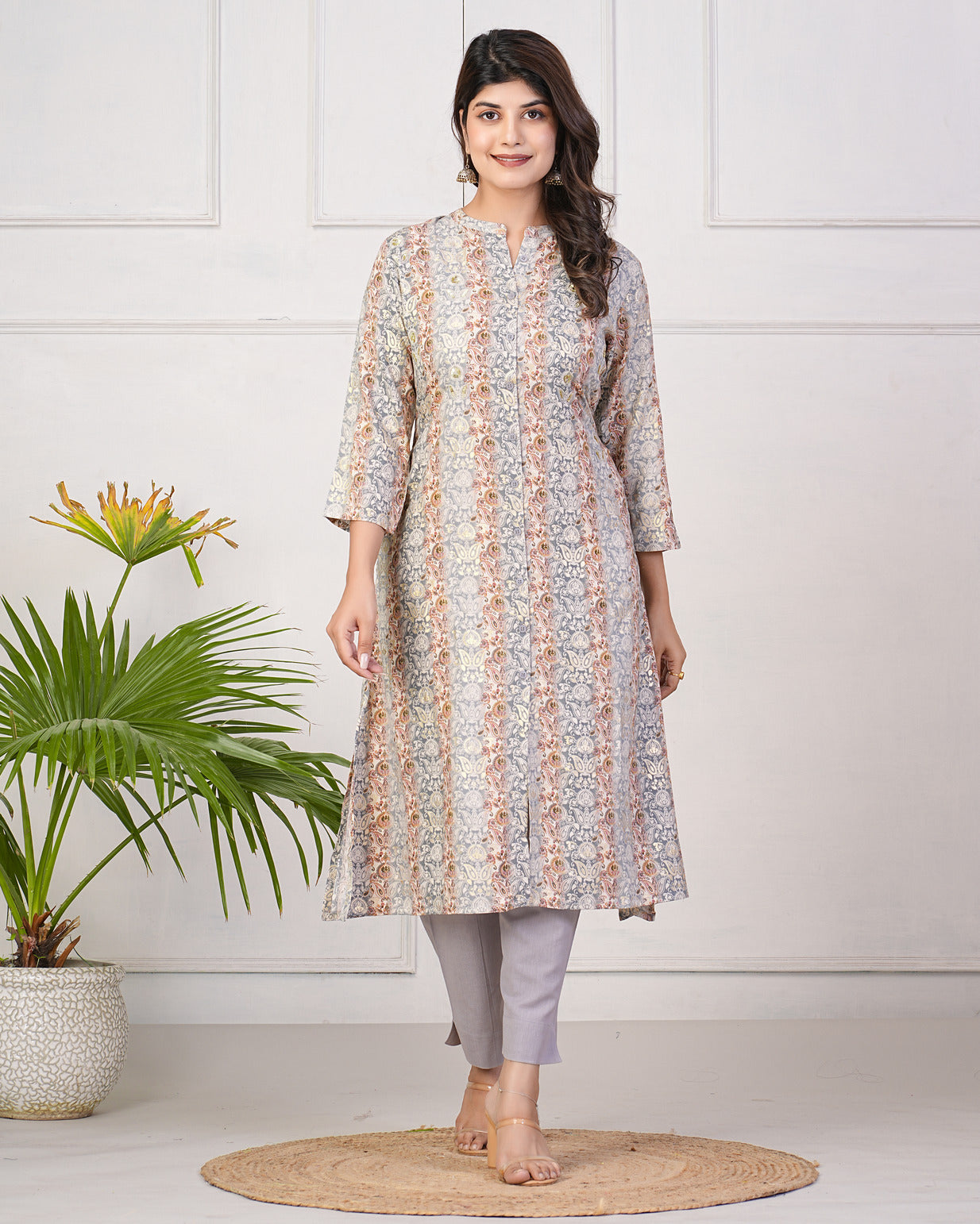 Grey With Gold Printed Queen Cut Muslin Kurti