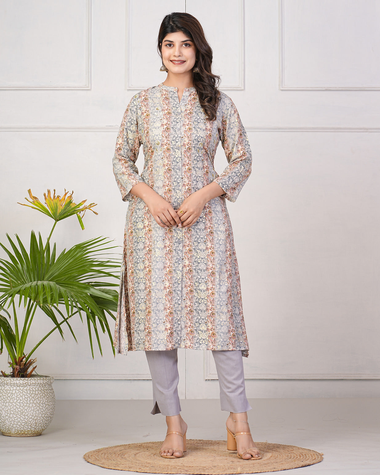 Grey With Gold Printed Queen Cut Muslin Kurti