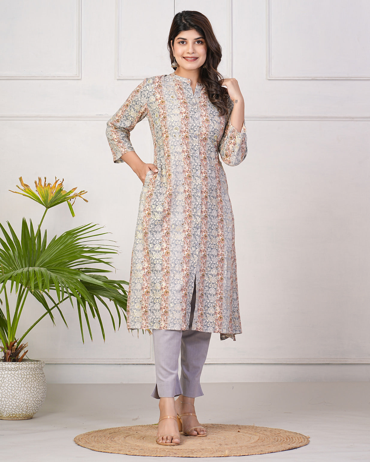 Grey With Gold Printed Queen Cut Muslin Kurti