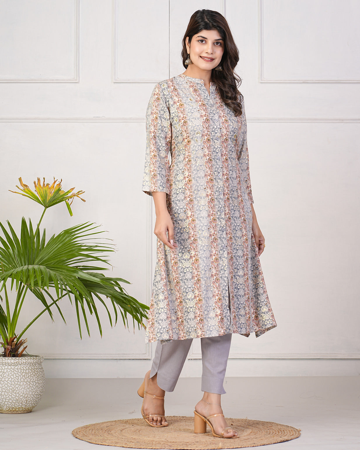 Grey With Gold Printed Queen Cut Muslin Kurti