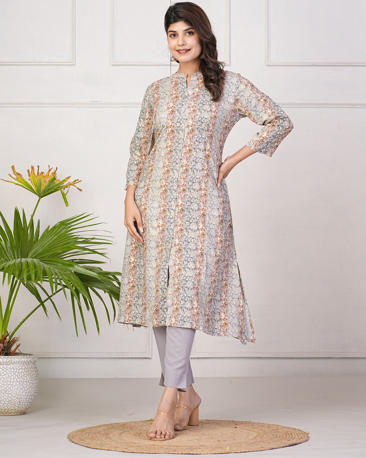 Grey With Gold Printed Queen Cut Muslin Kurti