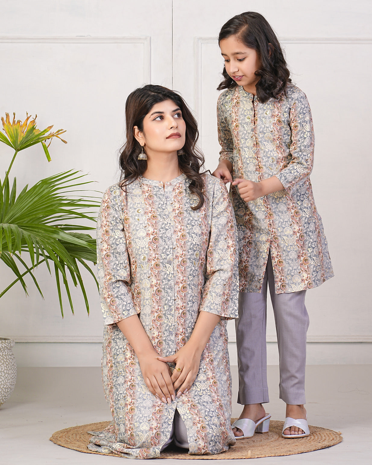 Grey With Gold Printed Queen Cut Muslin Kurti
