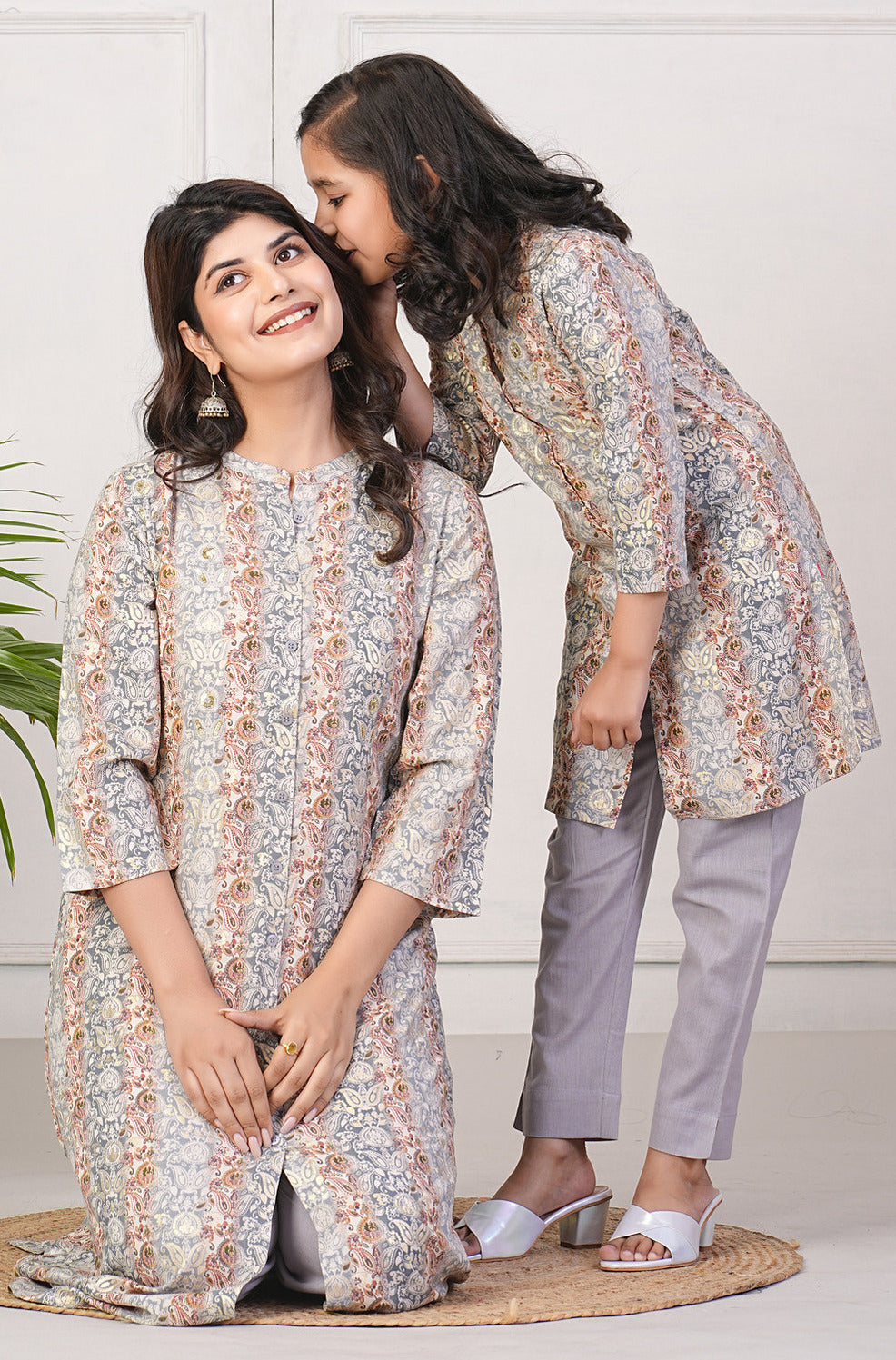 Grey With Gold Printed Queen Cut Muslin Kurti