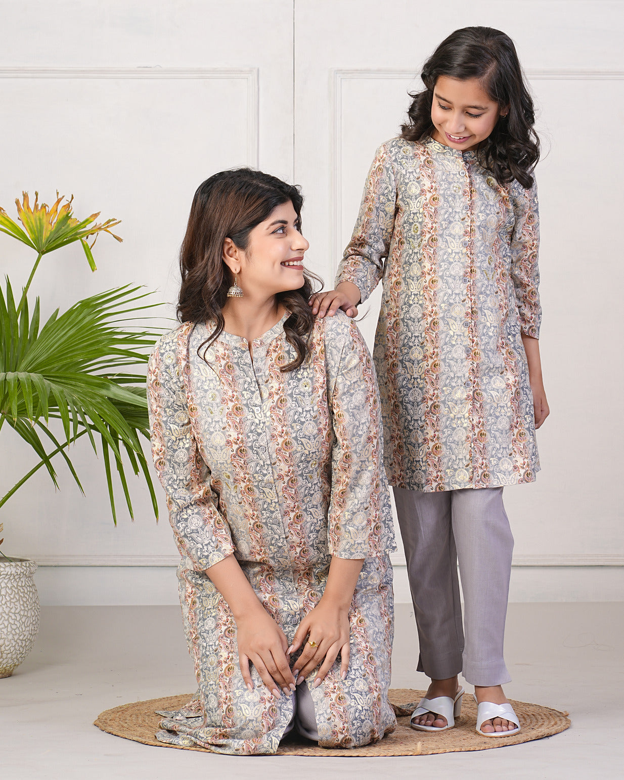 Grey With Gold Printed Queen Cut Muslin Kurti