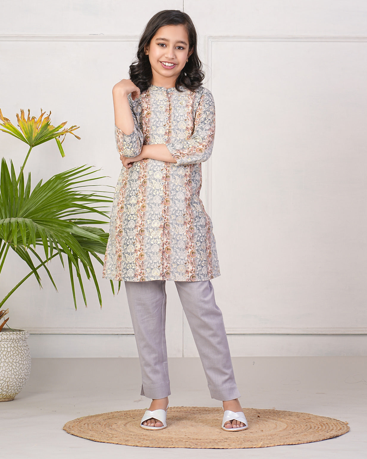 Grey With Gold Printed Queen Cut Muslin Kurti