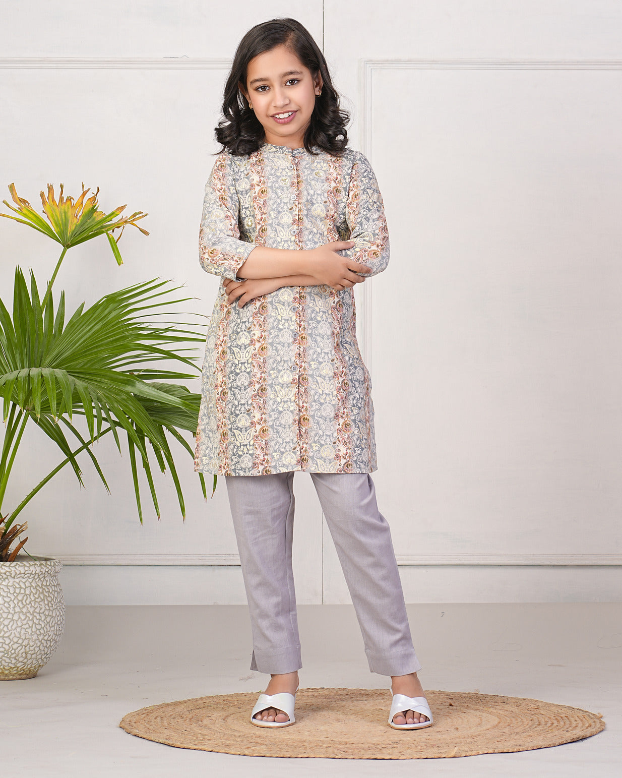 Grey With Gold Printed Queen Cut Muslin Kurti