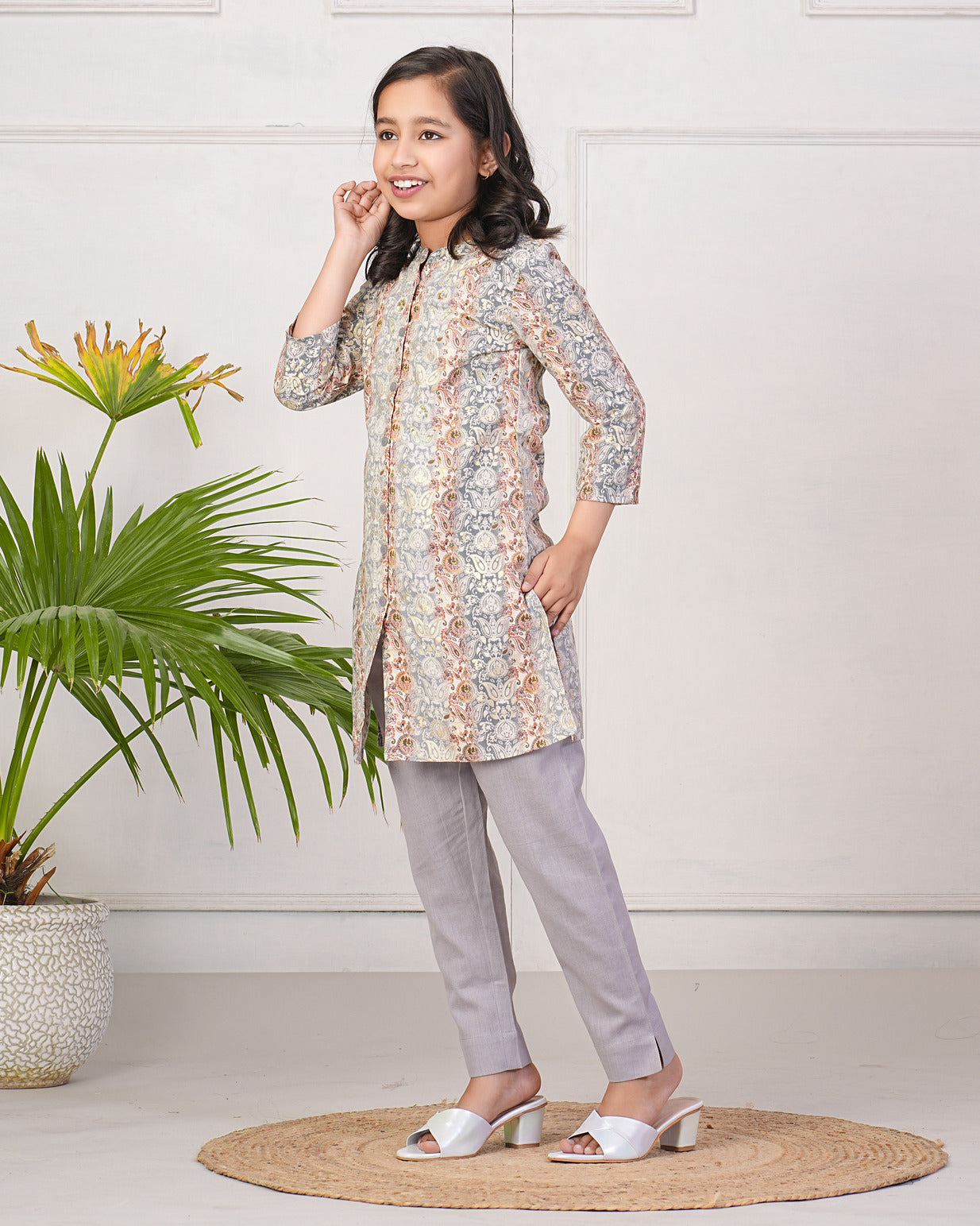 Grey With Gold Printed Queen Cut Muslin Kurti