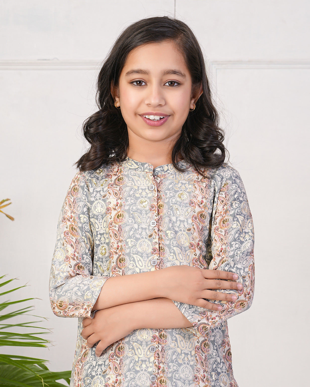 Grey With Gold Printed Queen Cut Muslin Kurti