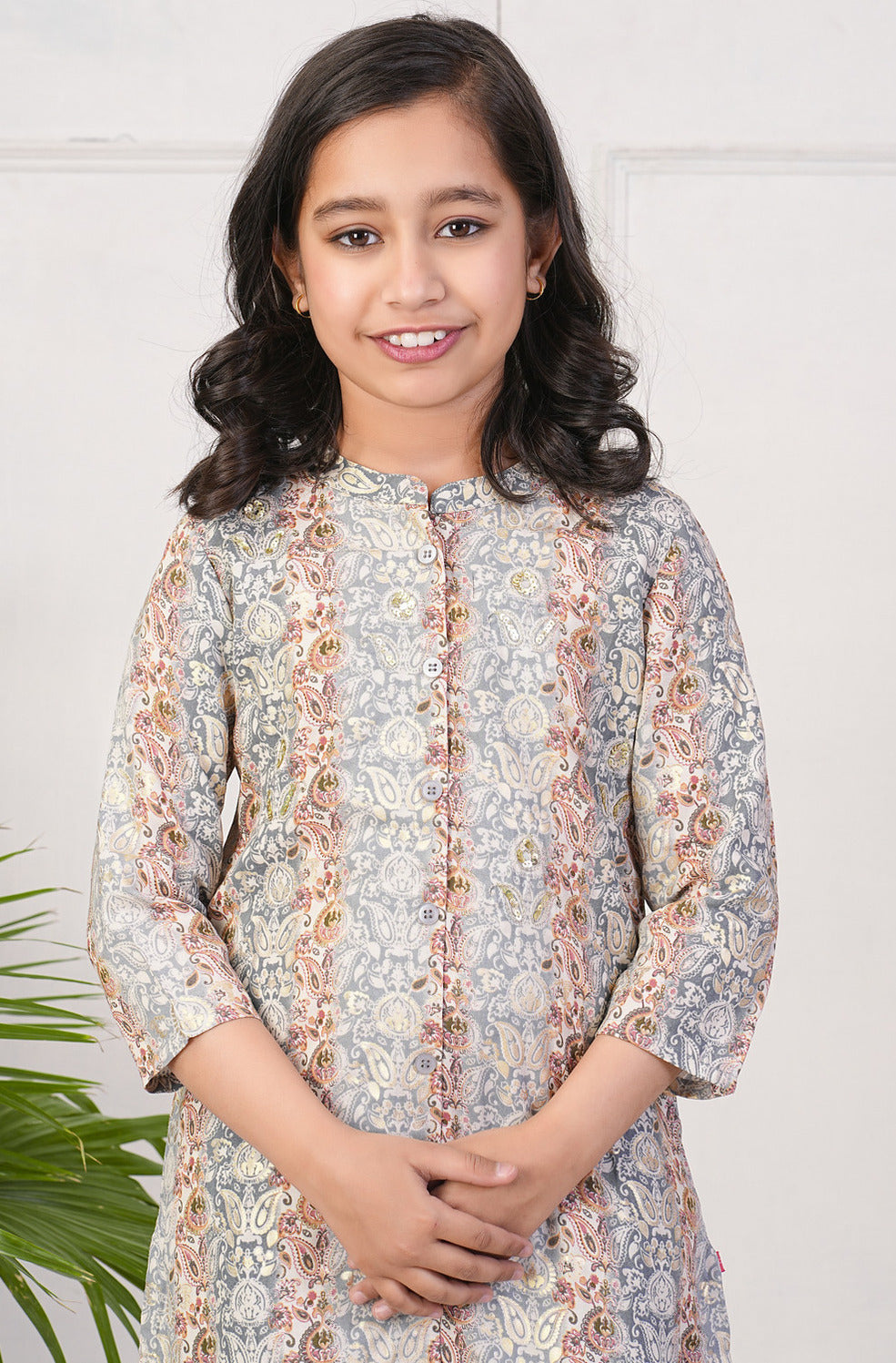 Grey With Gold Printed Queen Cut Muslin Kurti