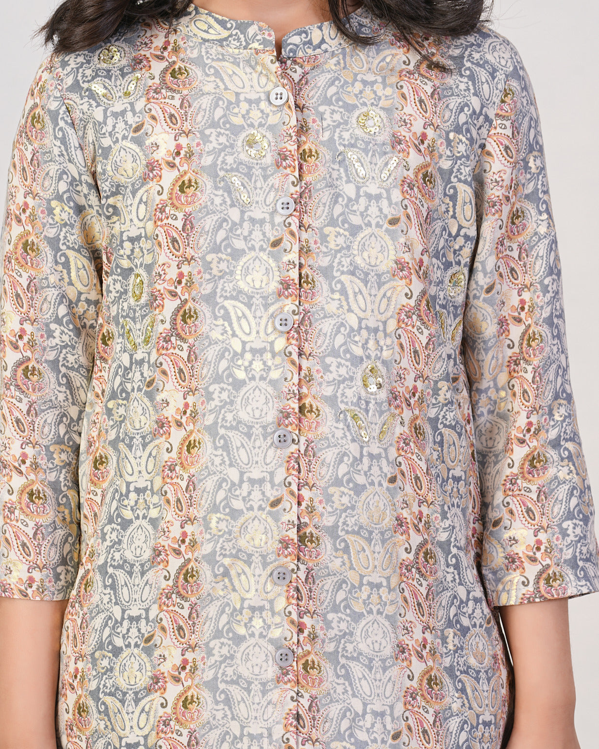 Grey With Gold Printed Queen Cut Muslin Kurti