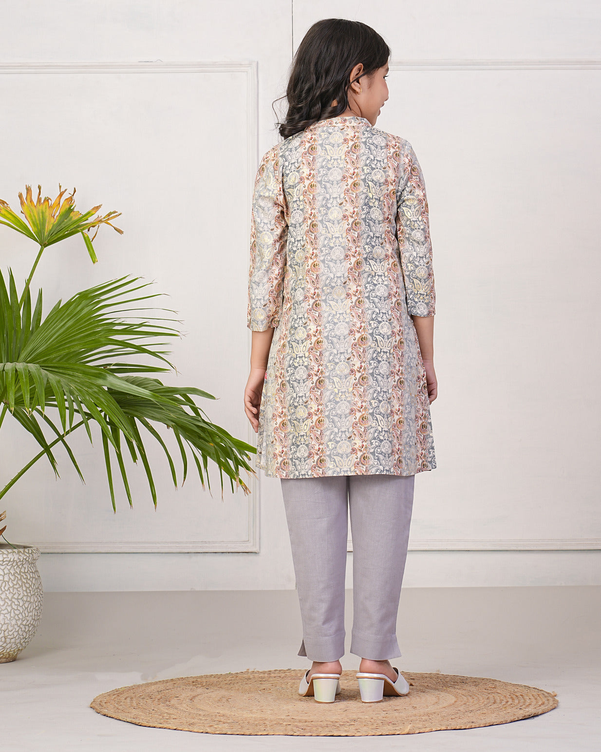 Grey With Gold Printed Queen Cut Muslin Kurti