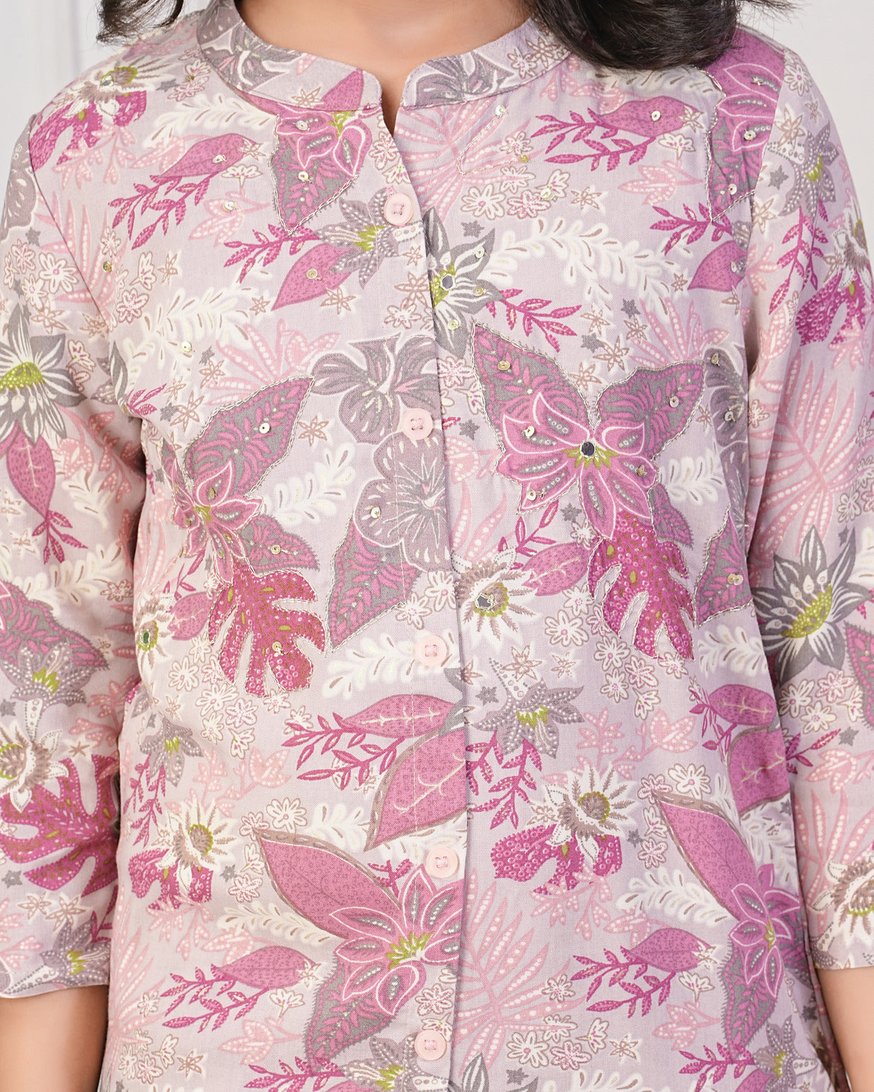 Pink With Leafy Printed Rayon Kurti